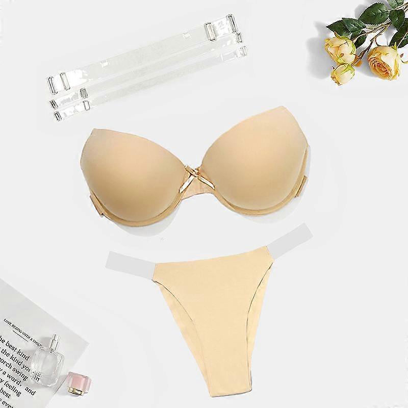 Kvinnor Beige Osynlig BH och stringtrosa Set Klara Axel- och ryggremmar Underkläder Set Vadderad och Bygel Tryck upp Bysthållare för festklänning