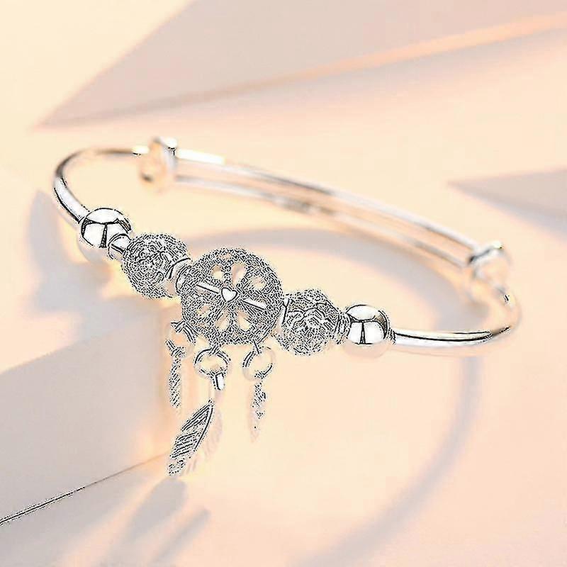 調整可能な 925 スターリングシルバードリームキャッチャー タッセルフェザー ラウンドビーズ チャームブレスレット&バングル