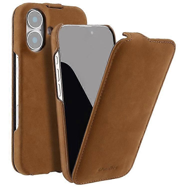 MELKCO Compatible For iPhone 16 Plus Magnetic Case Vertical Flip Genuine Cow Leather+PC Shockproof Cover