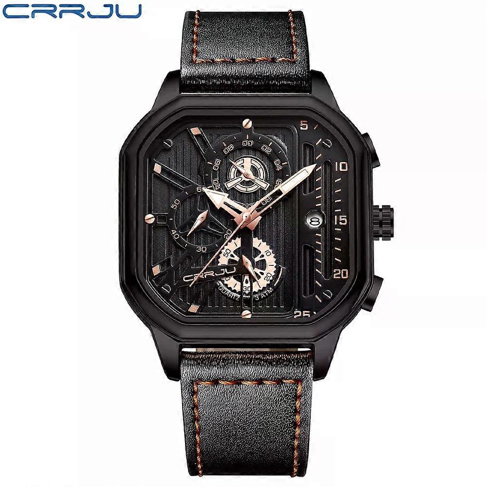 Crrju אופנה חיוג מרובע עור שעוני גברים יוקרתי ספורט שעון עמיד למים גבר כרונוגרף קוורץ שעוני יד Homme + קופסה