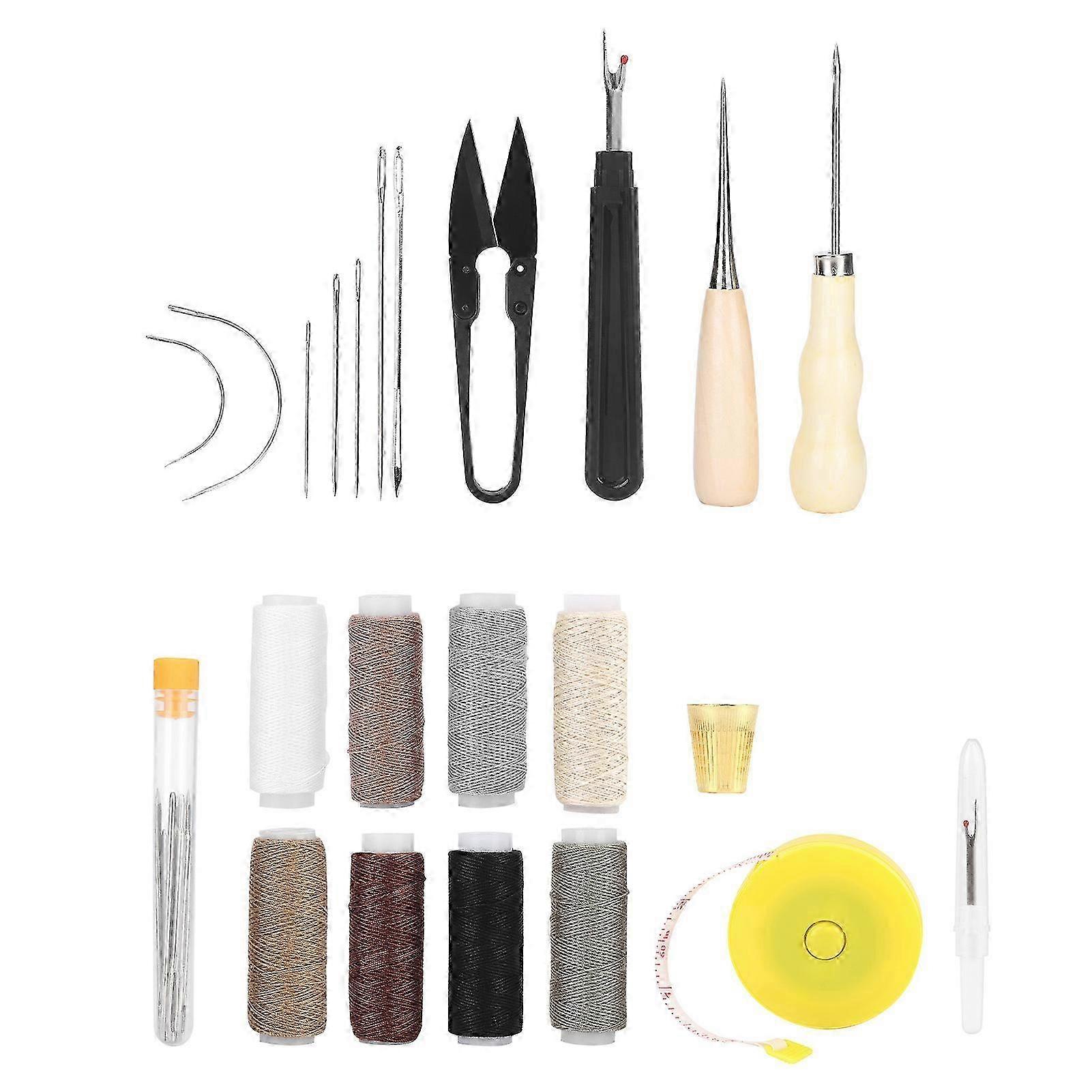 31Pcs Leather Sewing Tools Kit with Scissors Sewing Needles Punch Thimble Threads Set