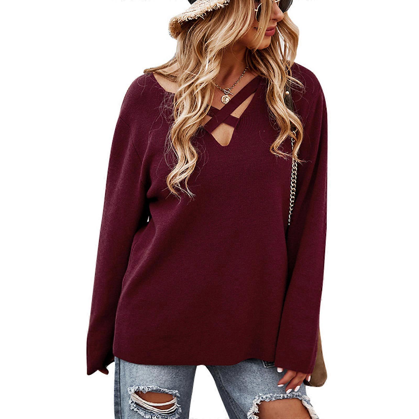 Women Spring Autumn V-Neck Pullover Crochet Hollow Out Knitted