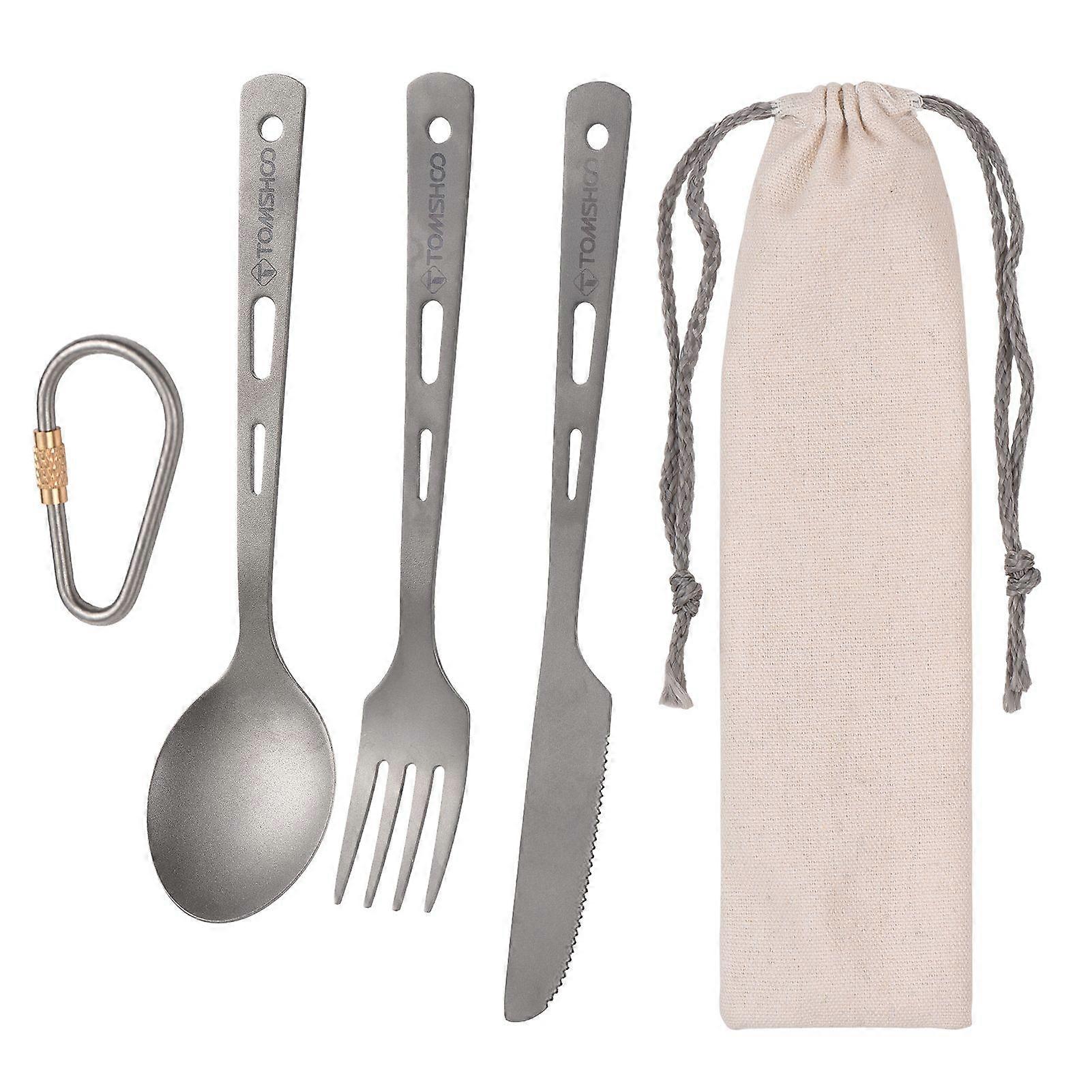 TOMSHOO 3PCS Titanium Cutlery Set with Clamp and Canvas Sack for Camping, Outdoor Food, Lightweight and Durable