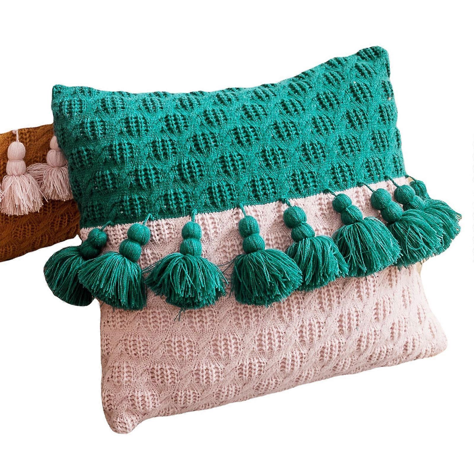 Nordic Style Knitted Throw Pillow for Case with Tassels Patchwork Boho Contrast Color Stitching Decorative Cushion Cover Ink green pink