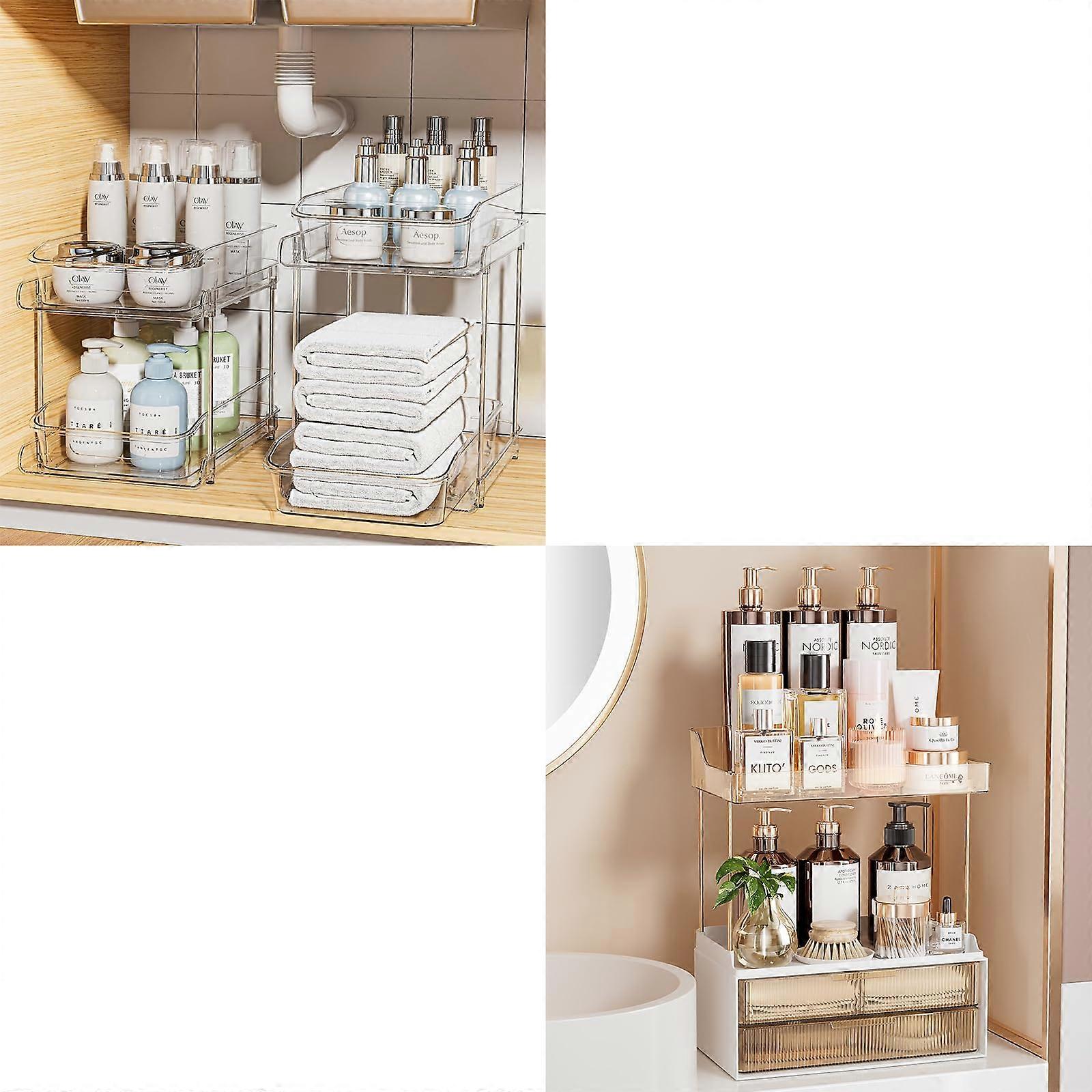2-Tier Clear Under Sink Organizers Set of 2, 2-Drawer Bathroom Countertop Storage Bins for Bathroom and Kitchen