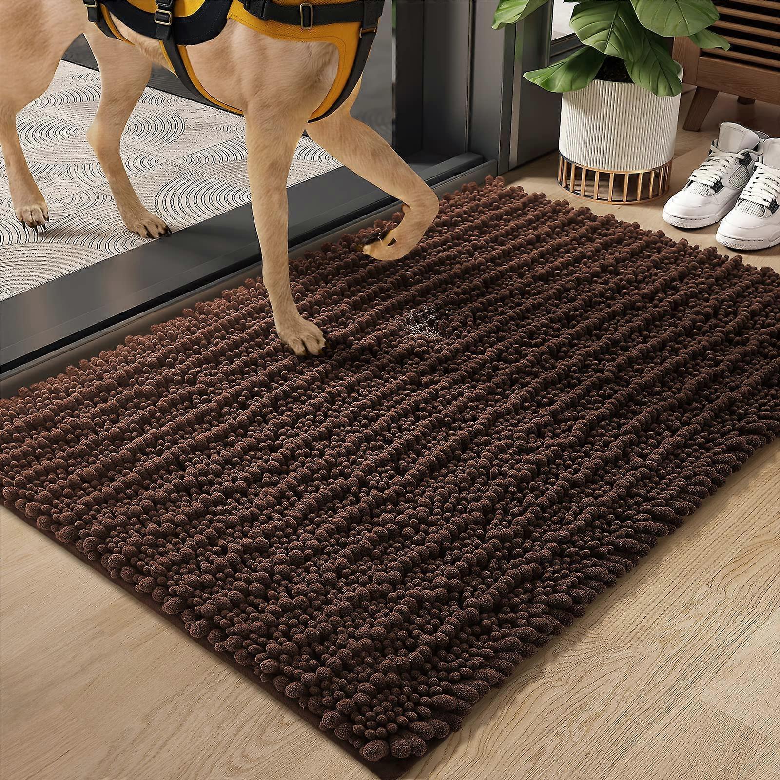 Color G Chenille Bath Mats 24"x59" Soft Absorbent Non-Slip Muddy Dog Mat for Shoes and Paws Brown Bathroom Runner