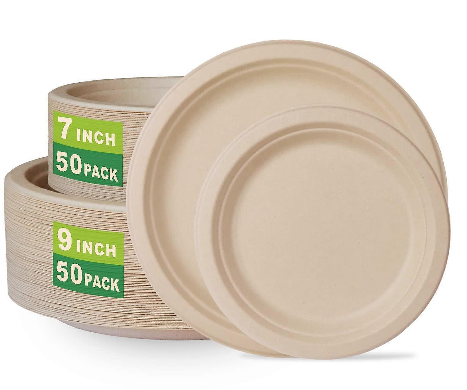 7 inch and 9 inch Heavy-duty Compostable Plates (each 50 Count), 100 Count Unbleached Disposable Paper Plates