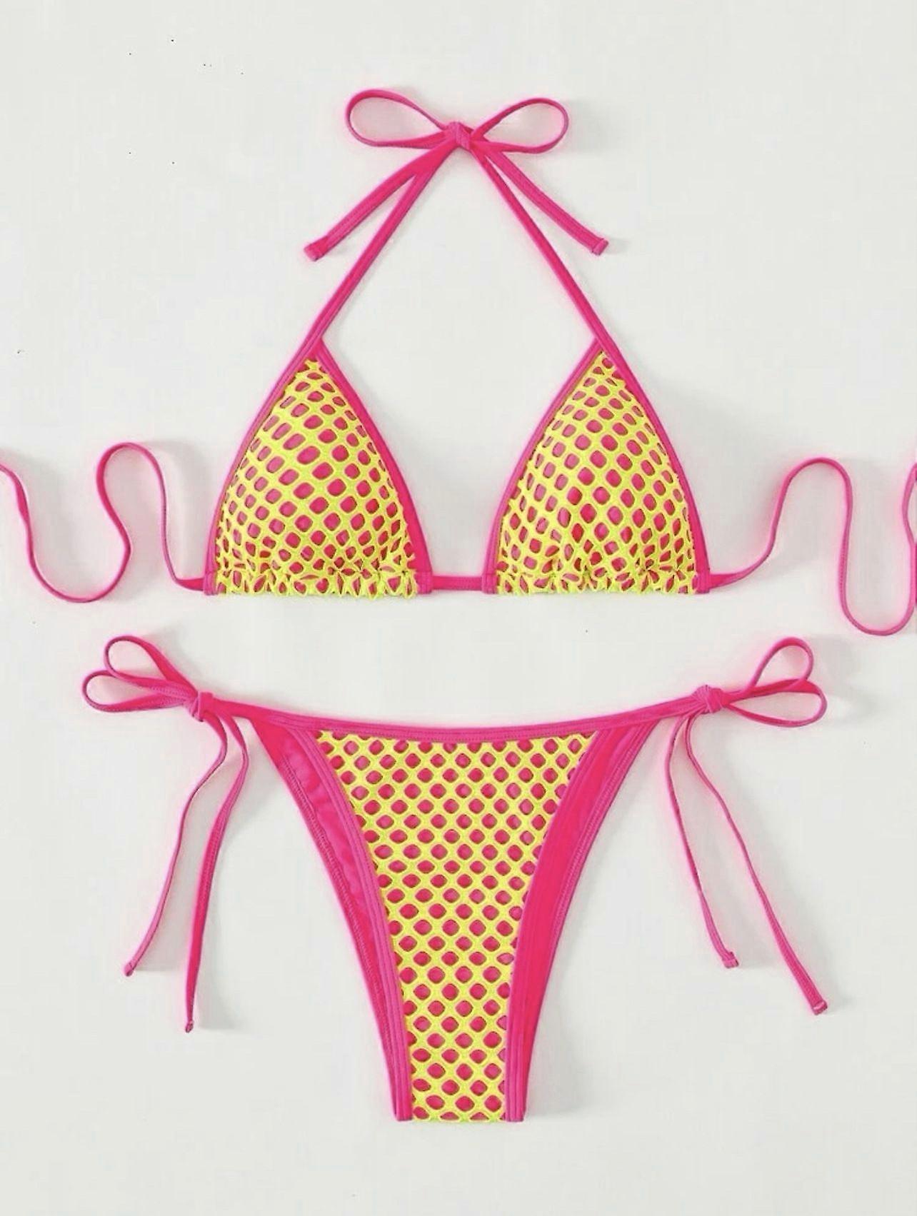 Neon Yellow Fishnet Bikini Set with Pink Trim Sexy Mesh Triangle Swimsuit for Women