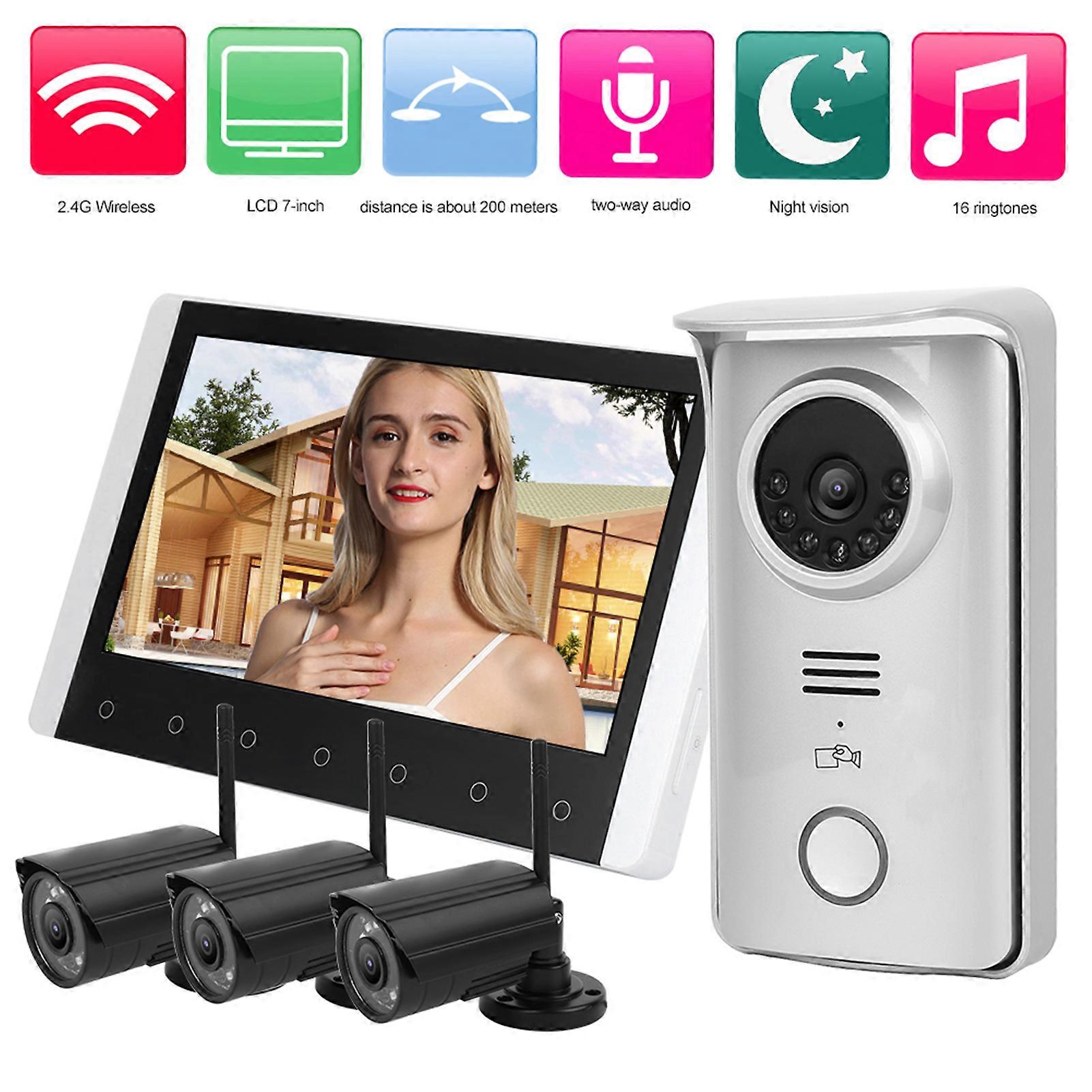 2.4G Wireless Video Intercom 7in LCD Doorbell with 3 Cameras