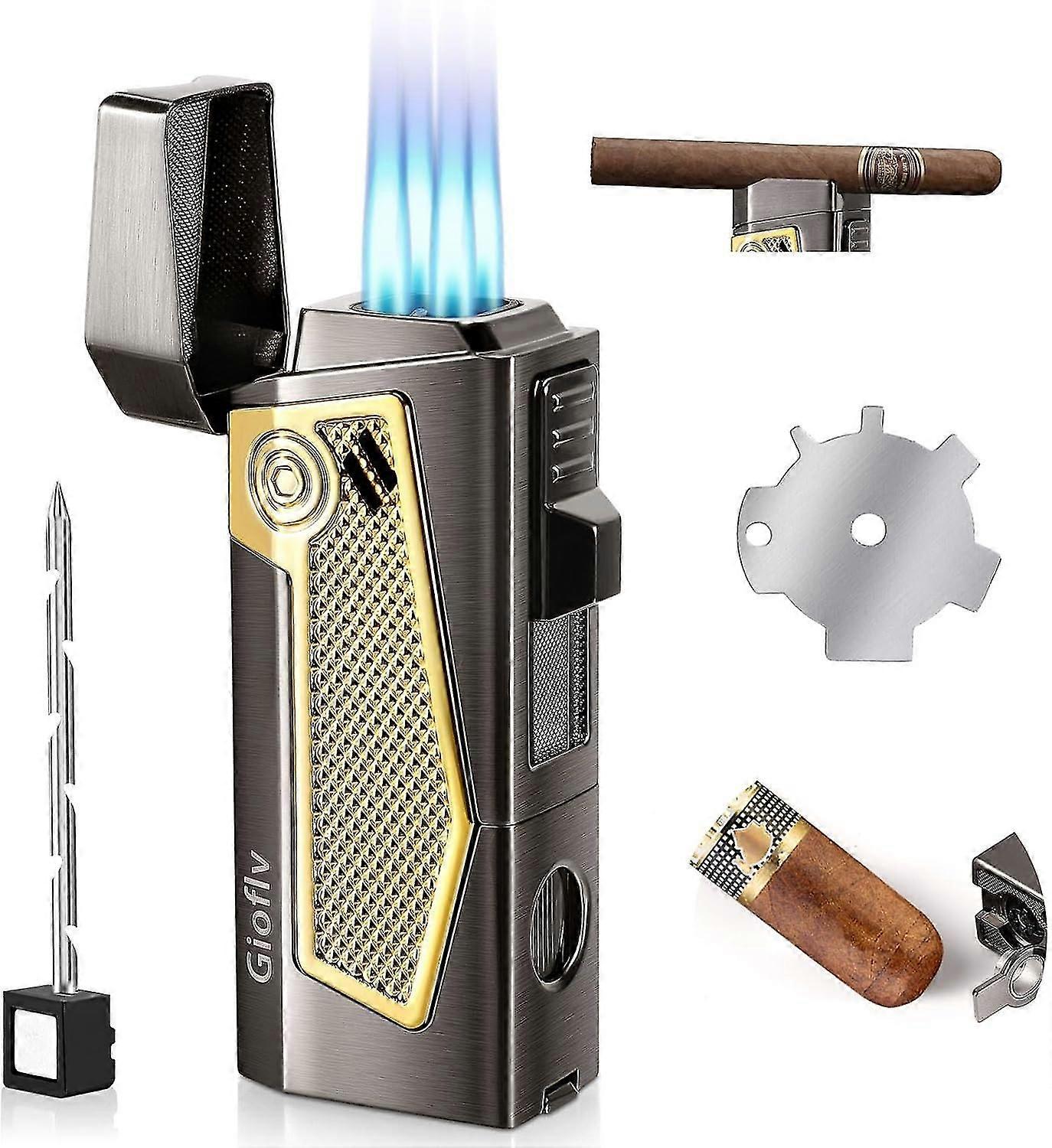 4 Torch Jet Flame Cigar Lighter with Punch & Holder - Refillable Butane Windproof Torch Lighter for Smoking - Multi-Functional Cigar Accessory for Men