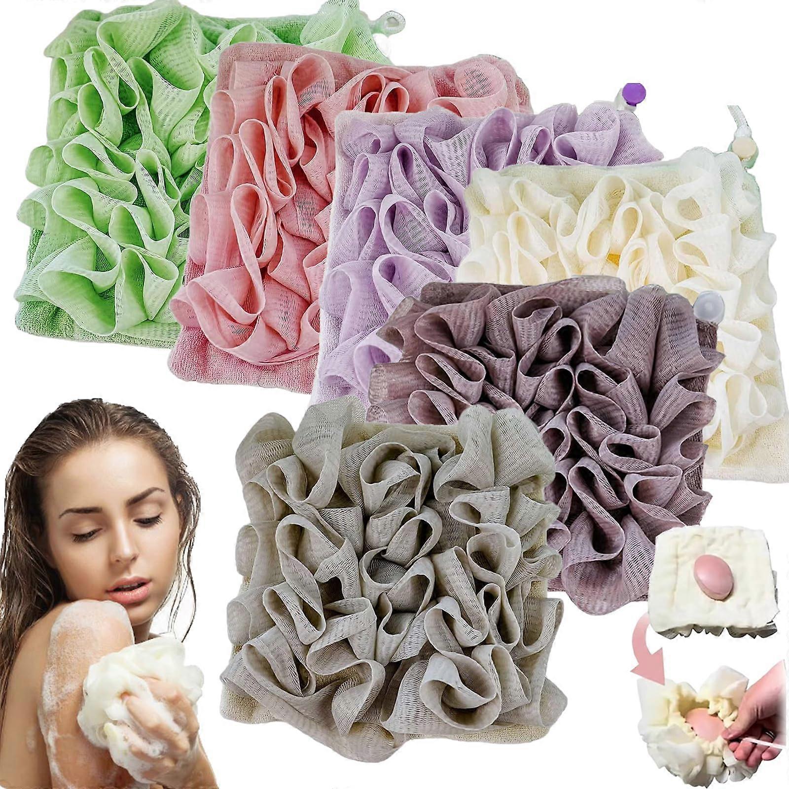 Leefa Loofah, 2 in 1 Bath Loofah Sponge, Shower Loofah with Drawstring (6PCS)