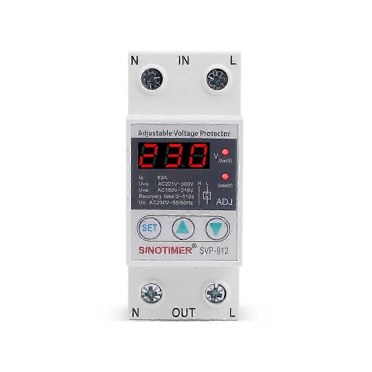63A 230V 50/60Hz Din Rail Adjustable Automatic Over and Under Voltage Protector Voltage Protective