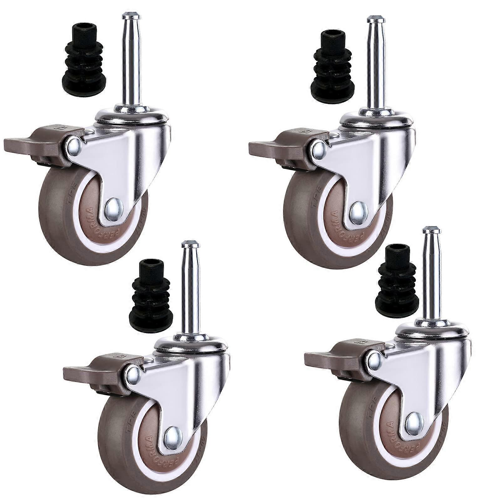 Rubber Furniture Caster with Brake 50 mm – 4 Swivel Casters with Pins and Plug Sleeves in 3 Sizes, Replacement Casters for 21 mm Pipe Sleeve
