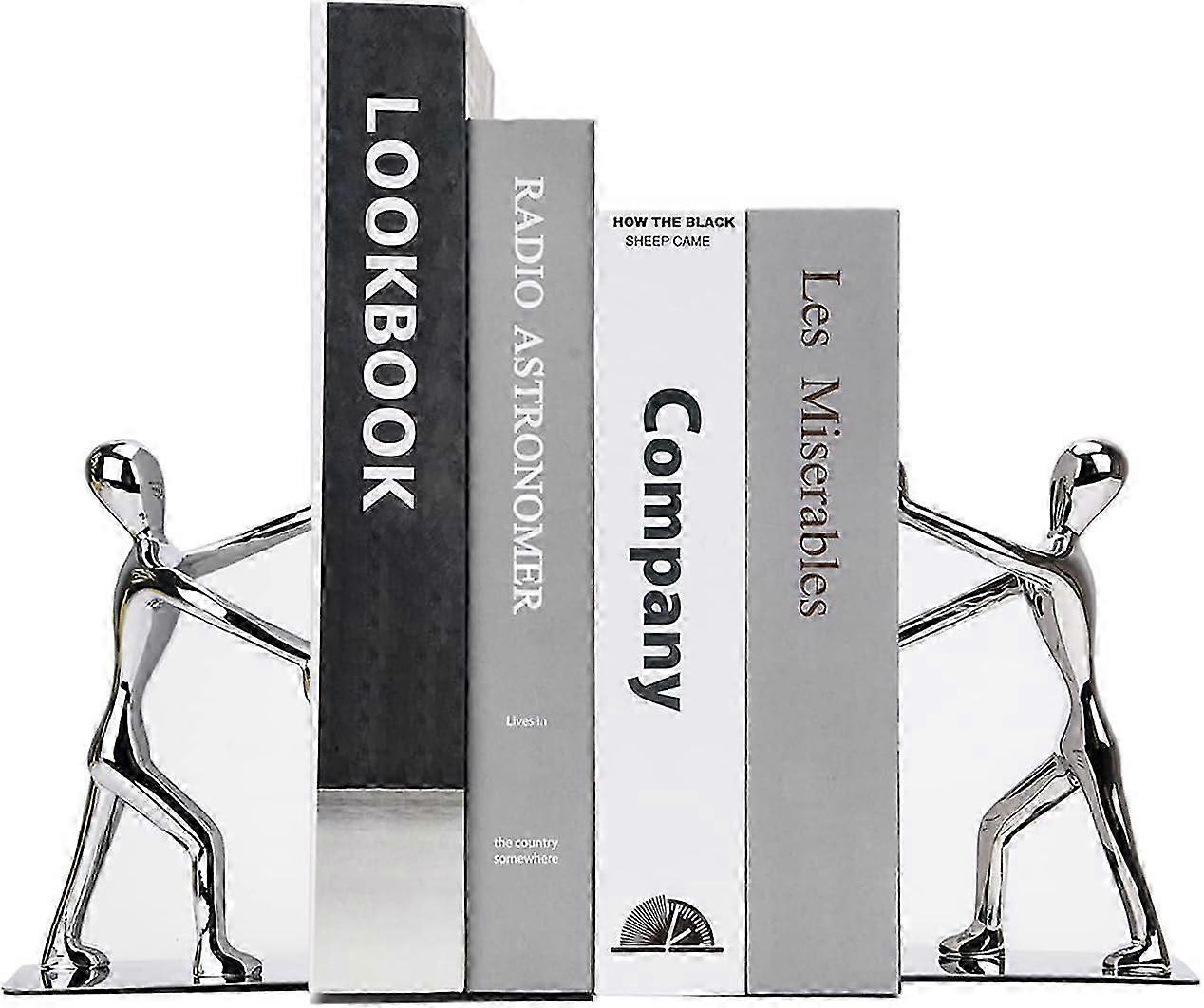 Stylish Silver Metal Human-Shaped Bookends for Sturdy & Elegant Bookshelf Storage