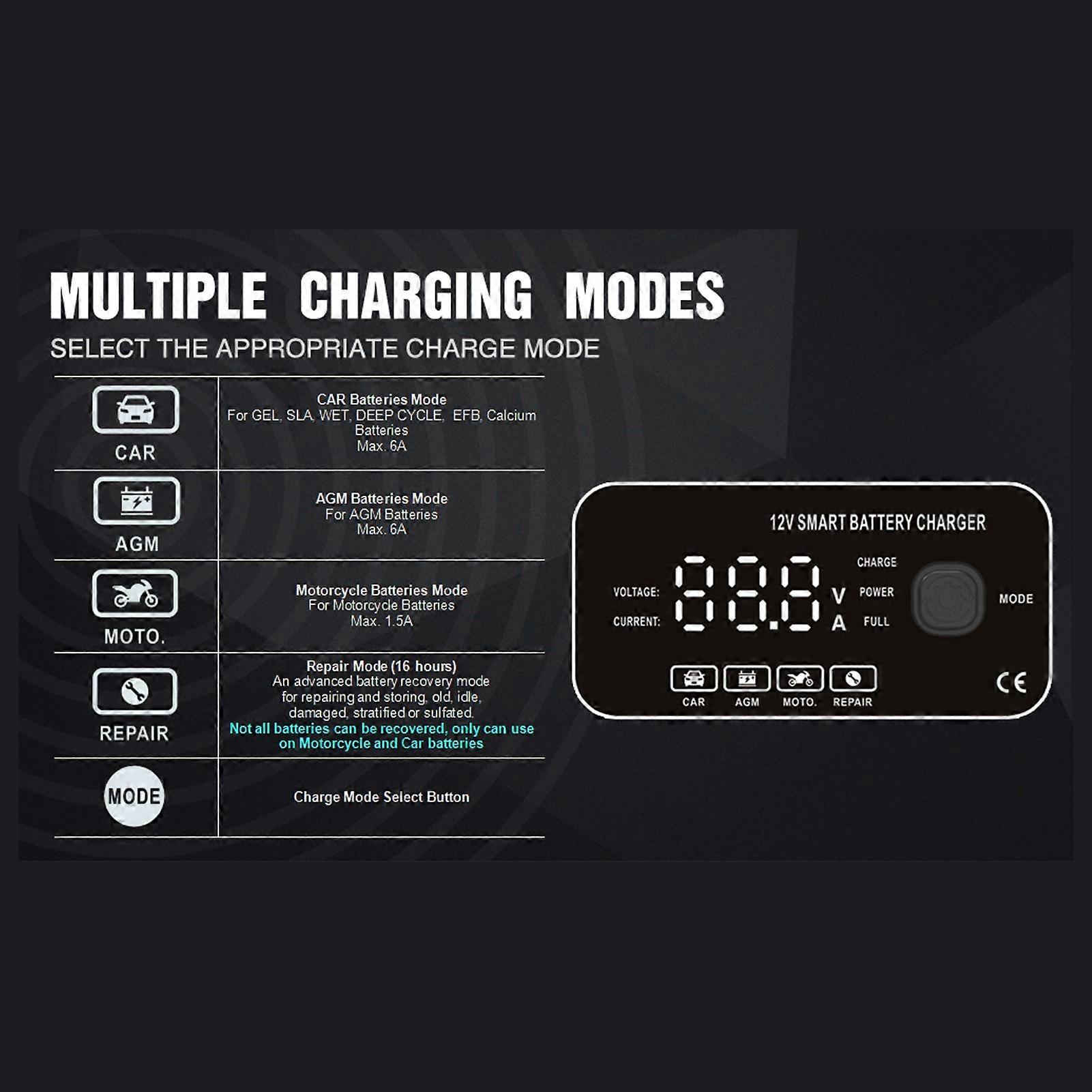 オートバイのバッテリー充電器12V6Aフルオートマチックスマートバッテリー充電器メンテナーポータブルトリクル充電器バッテリーデスルファター