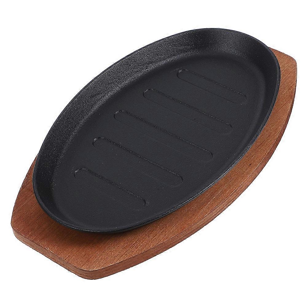 Cast Iron Grill Griddle Fajita Plate with Striped Surface for Professional Grill Marks, Insulated Wooden Base, Multipurpose Pan for Home Barbecue