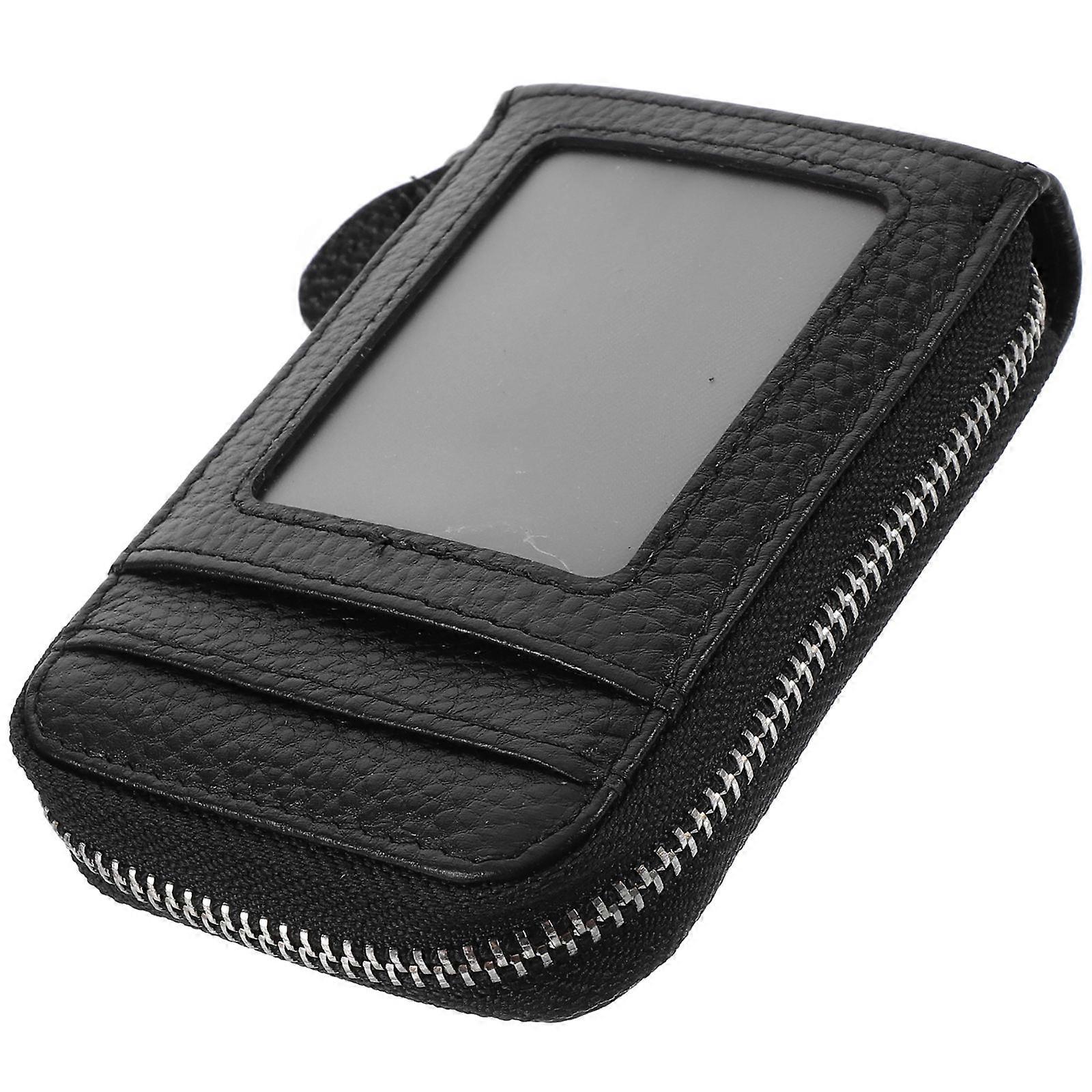 Black Genuine Credit Card Holder with Zipper Closure for Safe Storage Small Size Lightweight Travel Use