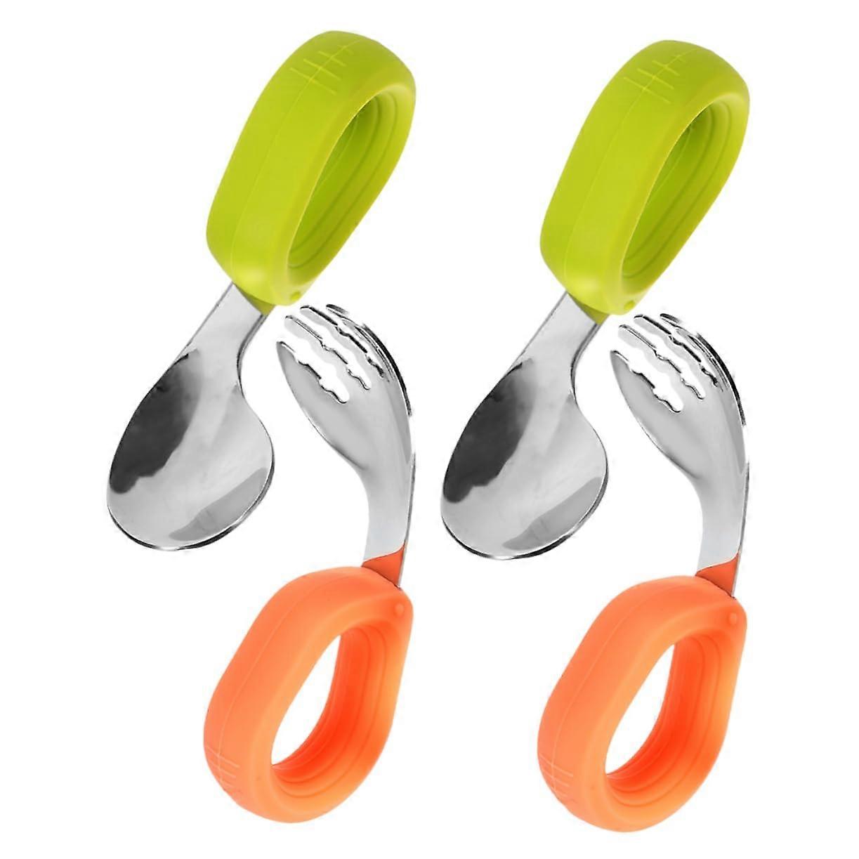 2piece baby cutlery set with curved spoons for toddlers, nonslip and safe, suitable for learning to eat at home, soft colors green and orange.