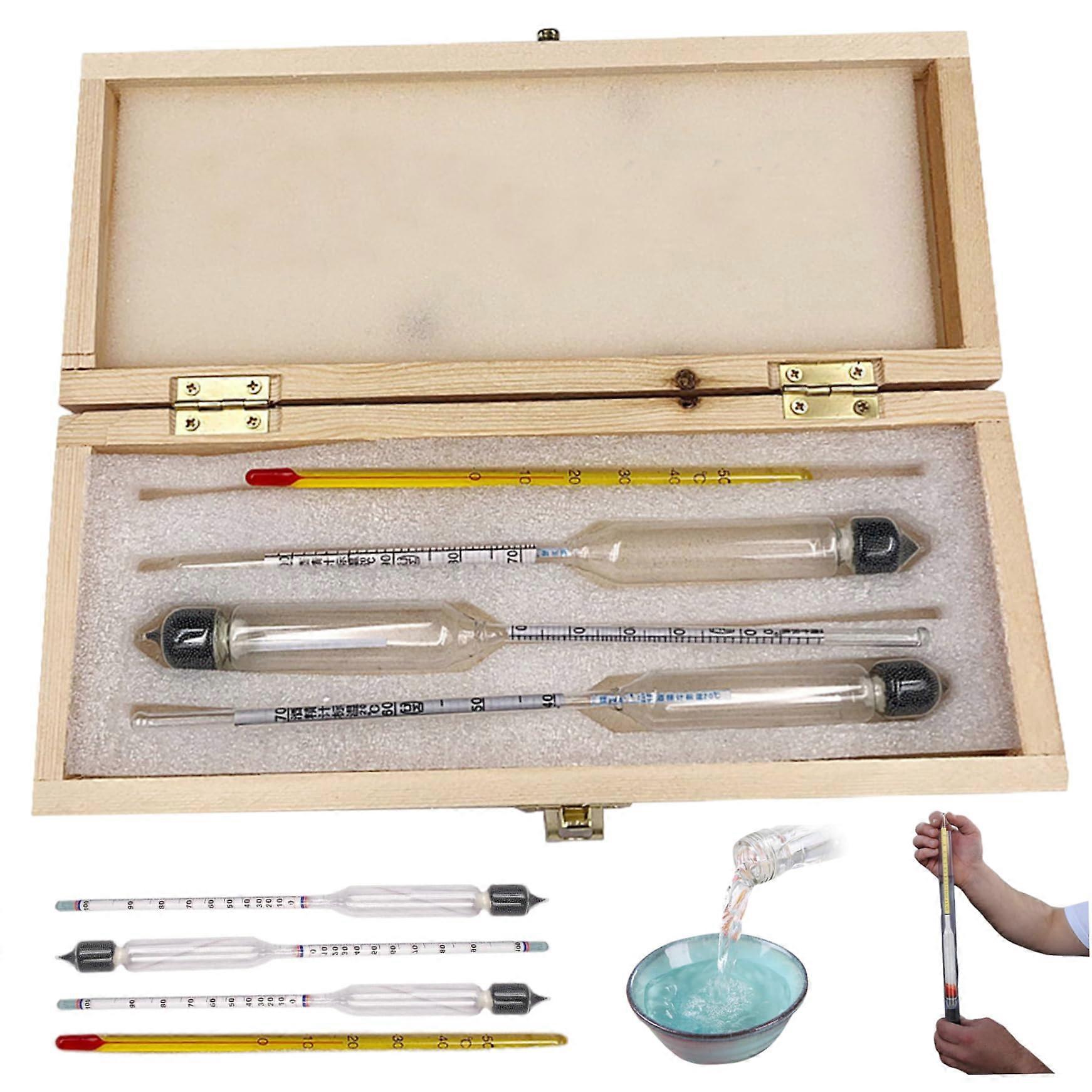 Alcohol Hydrometer Set Of 3, 0-100 Proof With Thermometer, Wooden Box, For Wine, Beer, Cider, Distilling