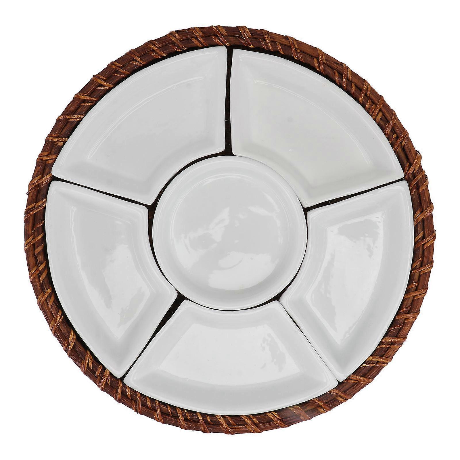 Ceramic Plate 1 Set Of Rattan Tray Suitable For Dining Room Snack Storage Featuring Round Shape And Stylish Appeal
