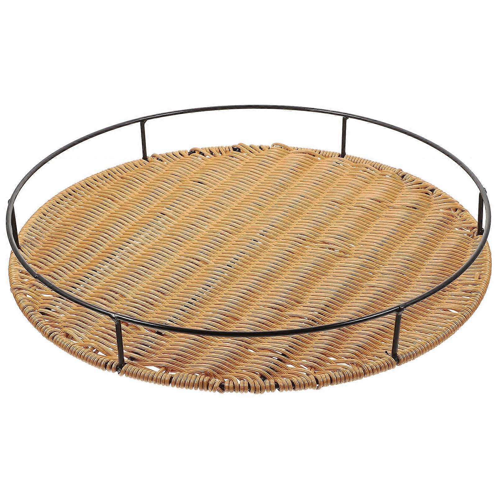 Light Brown Woven Tray for Storage Made of PP and Iron with Handles Round Shape 10.24 Inches
