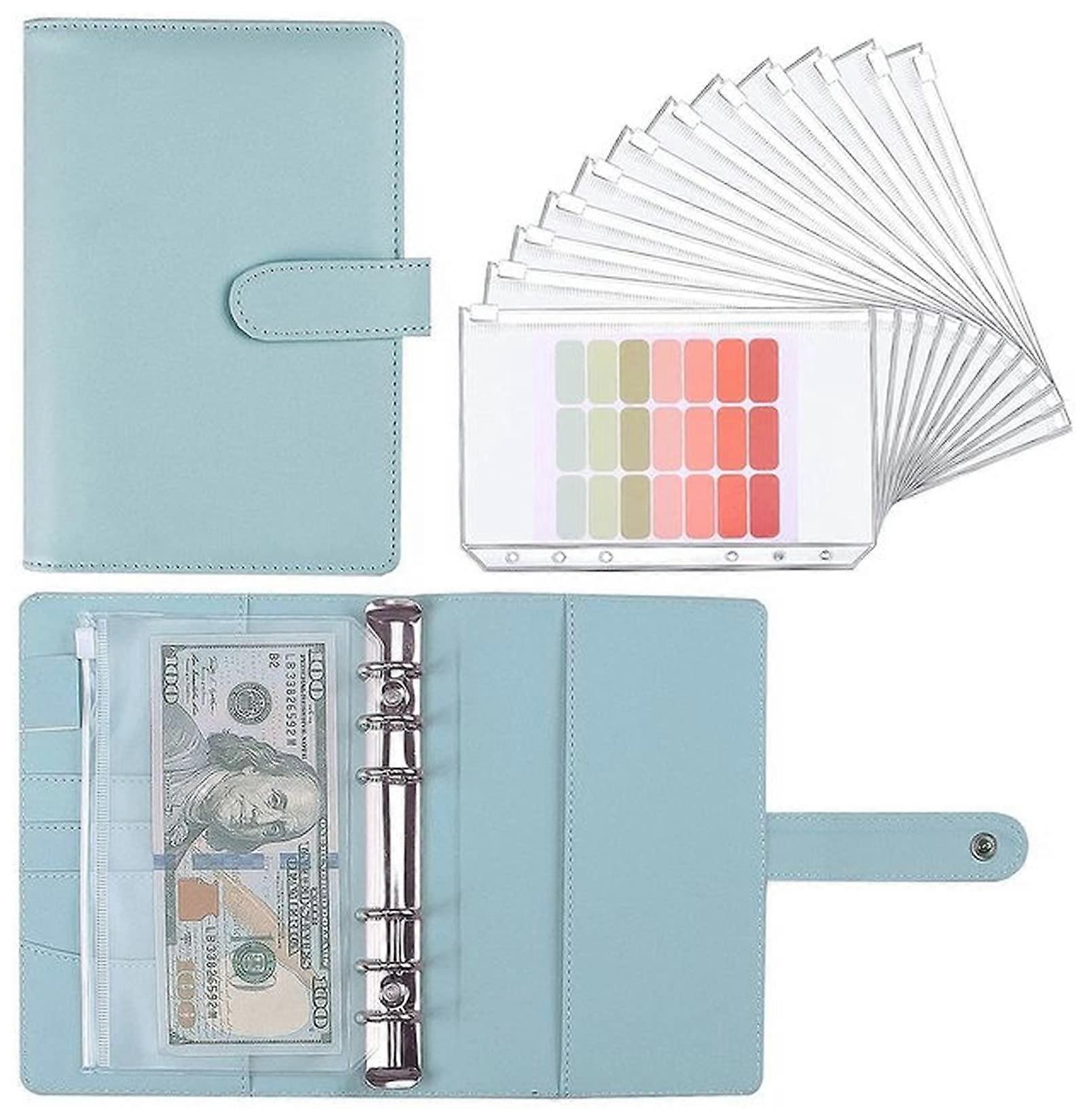 A6  Leather Notebook Binder Planner Organizer Budget Cash Envelope System with Binder Zipper Pocket, Colorful Category Labels Binder (Size: A6 Blue)