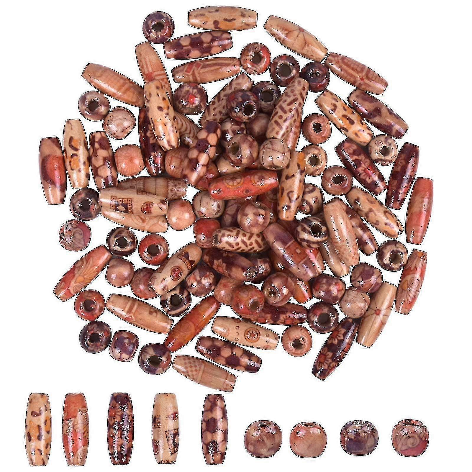 100 Pcs Printed Wooden Beads Round Barrel Wood Beads Mixed Pattern ...