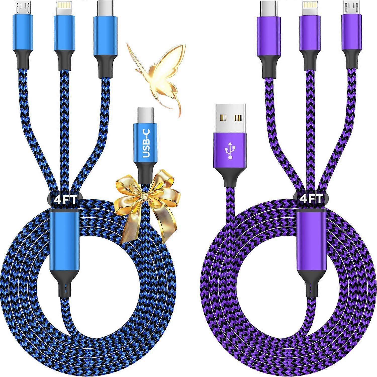 2Pack 4FT USB Multi Charging Cable, 3 in 1 Universal Charging Cable for Multiple