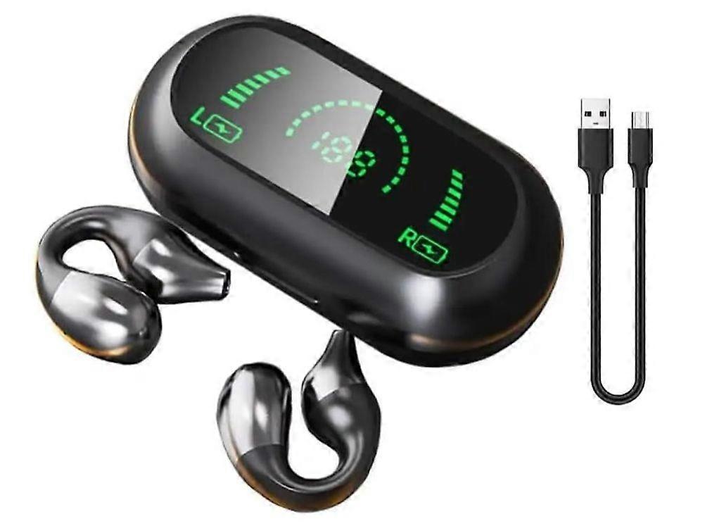 Bluetooth 5.2 Earbuds Open Ear HD Stereo Clip-on Noise Canceling Touch Control Microphone LED Display (Black)