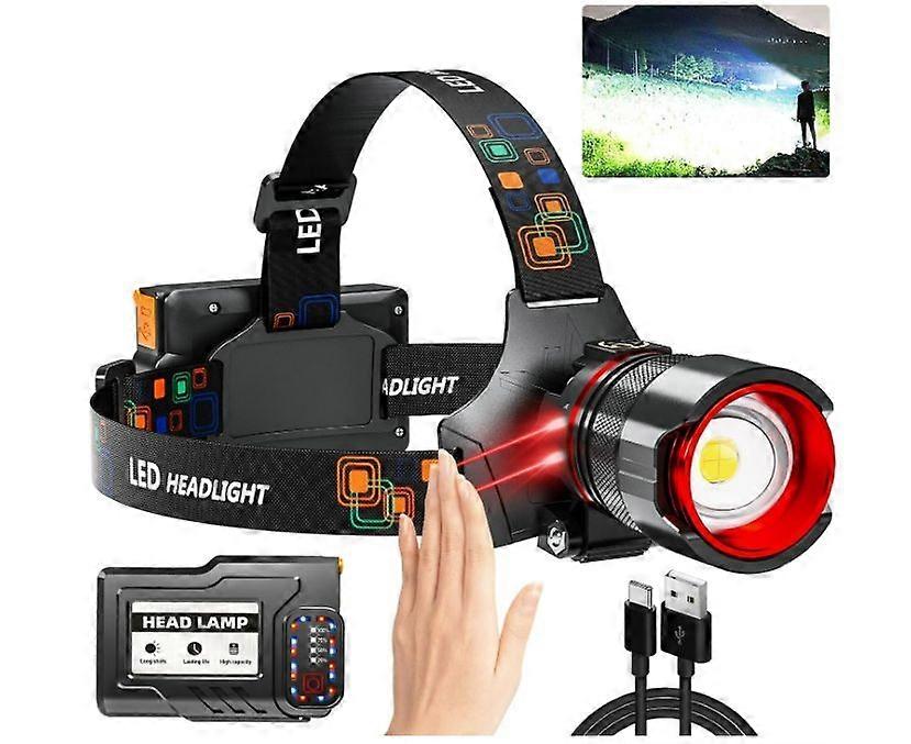 Rechargeable Headlamp, Super Bright 900000 High Lumens LED Headlights with Motion Sensing, 5 Modes, IPX7 Waterproof, 90 Adjustable, Zoomable(Black)