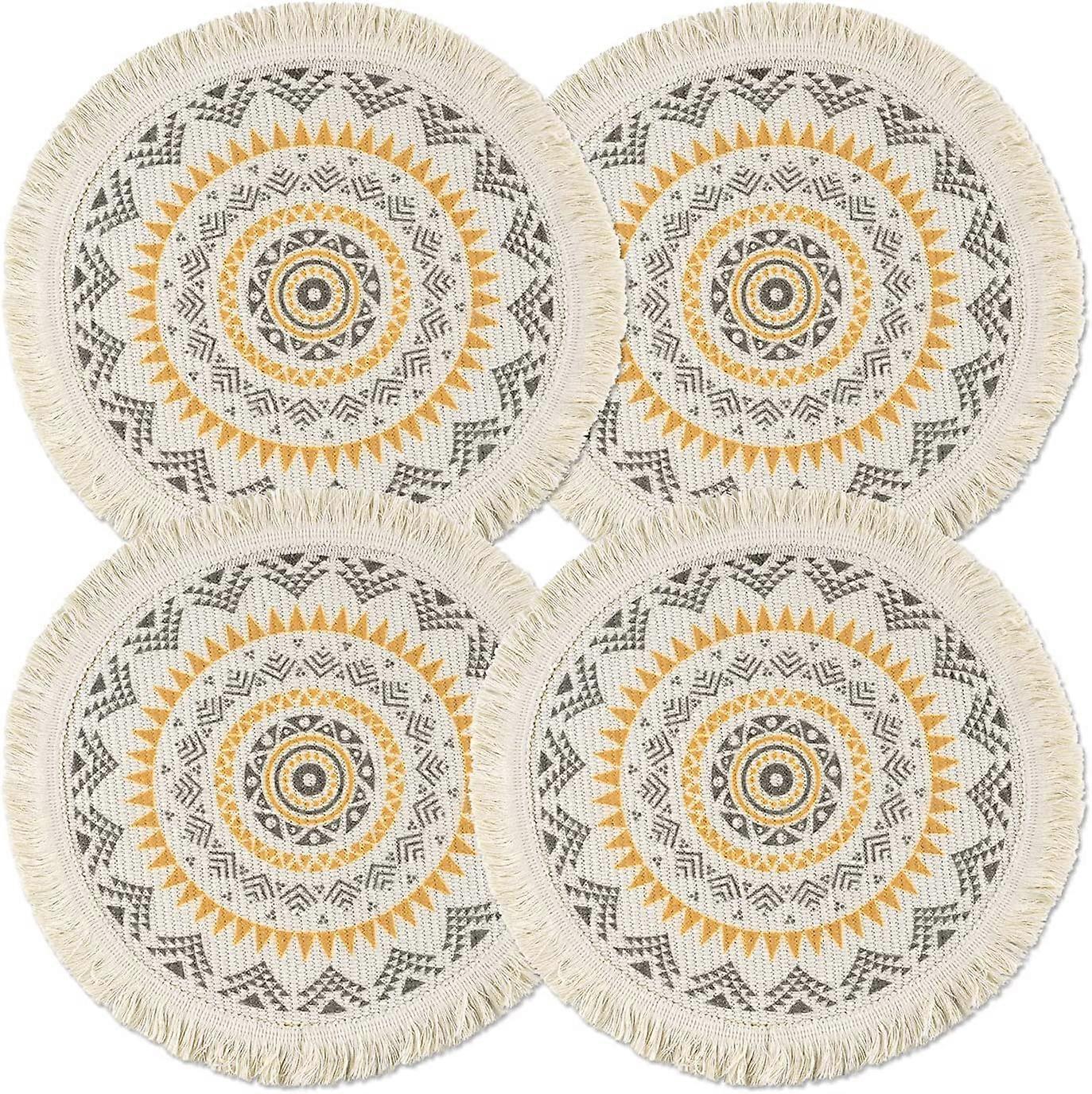 Round Placemats Set Of 4/6/8, Boho Cotton Woven Macrame Tassels Table Mats Washable Heat Resistant Neutral Place Mat  (13 Inches,yellow&brown)