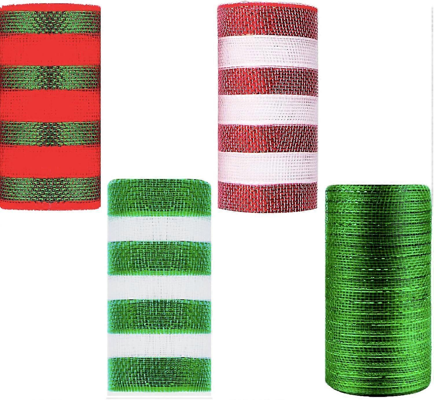4Roll 6Inchx10Yards Christmas Deco Poly Mesh Roll Grinch Ribbon Mesh Ribbon Christmas Green Red White Stripe Mesh Metallic Winter Foil Decomesh Roll C