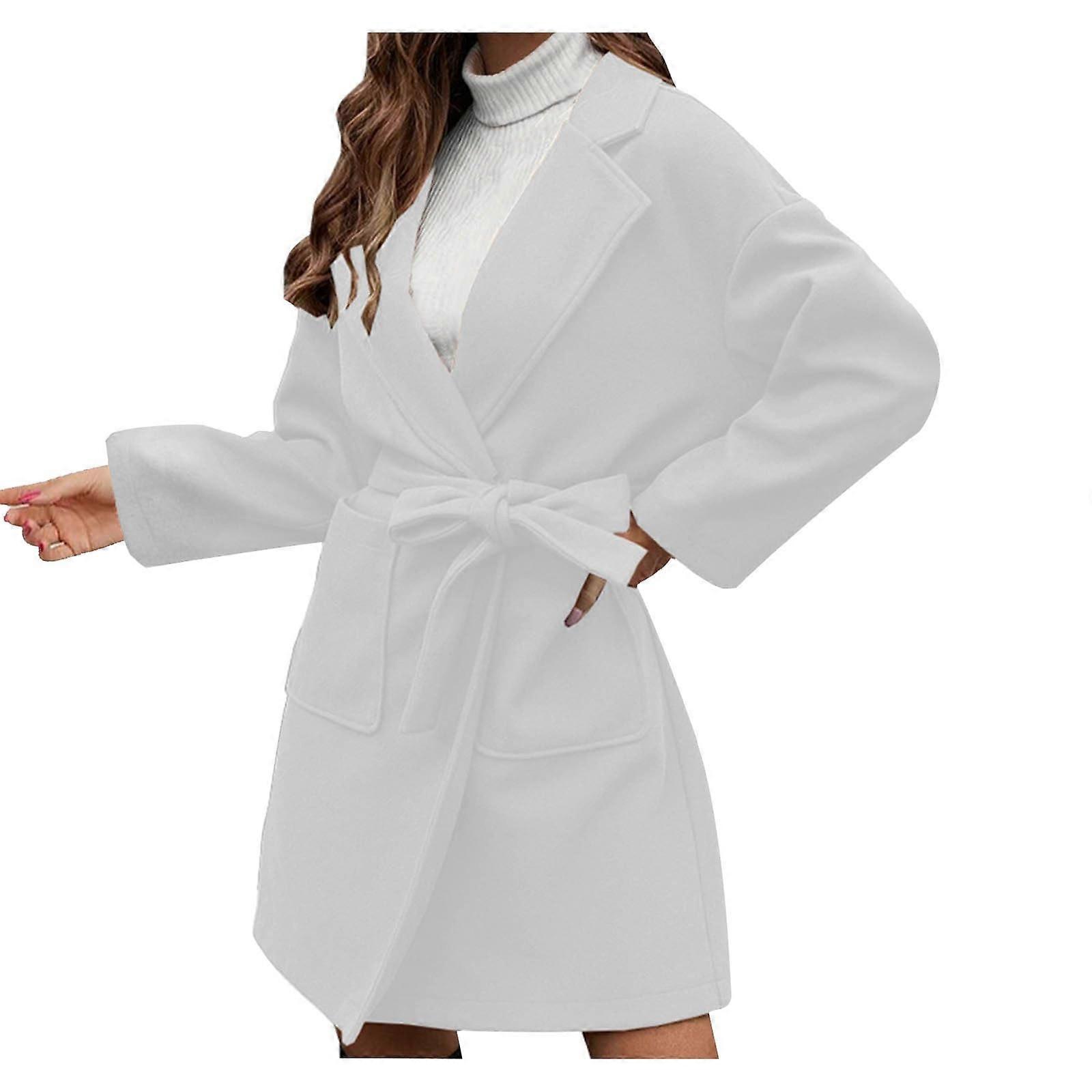 Womens  Coat Lapel Collar Open Front Belted Long Jacket  White XL