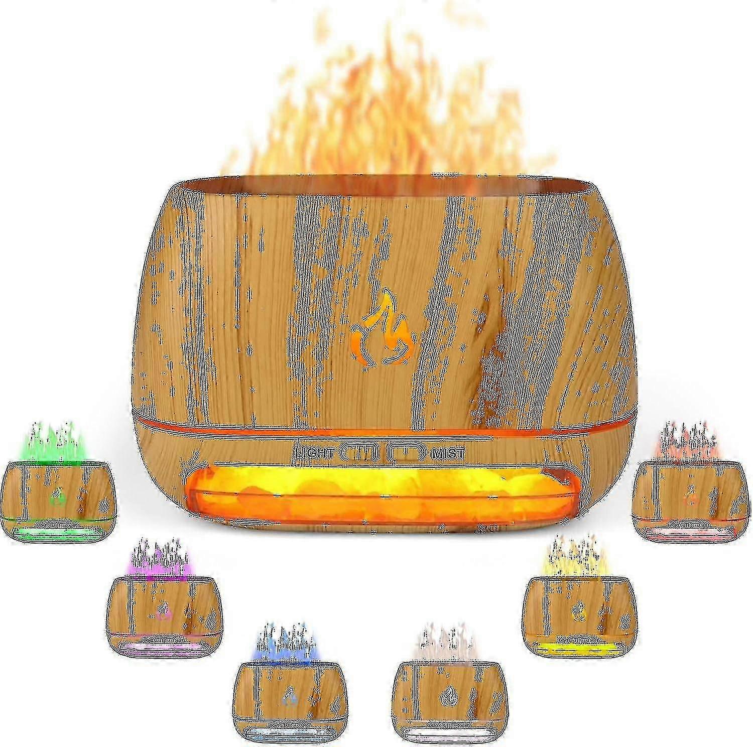 3 In 1 Himalayan Salt Rock Aroma Diffuser, Ultrasonic Essential Oil Diffuser, Simulation Flame Humidifier, Coloured Light Mist Diffuser, Wood Grain Ar