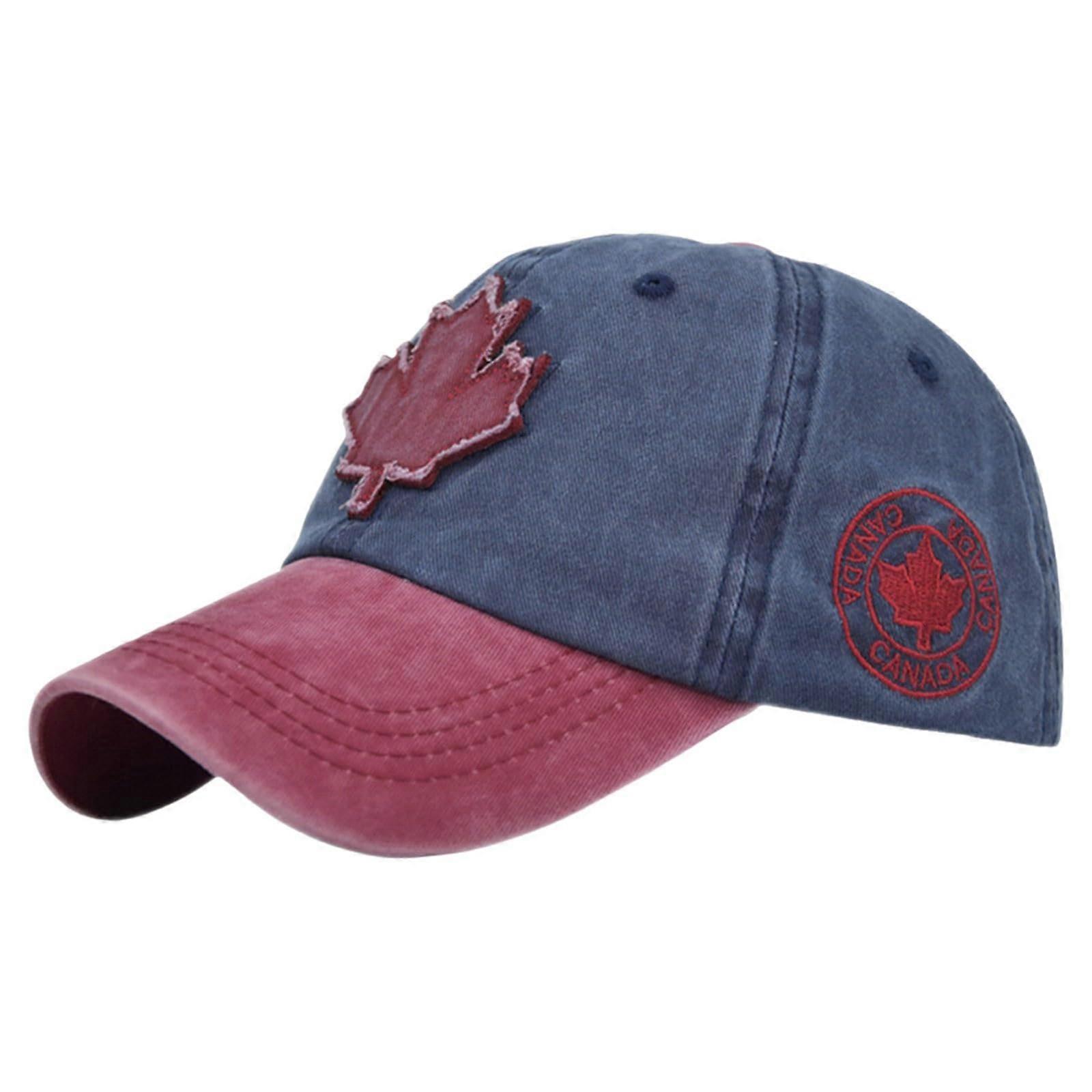 Denim Flag Baseball Cap Unisex Maple Leaf Embroidered Red One Size Adjustable Strap Golf Hat Running Sunhat