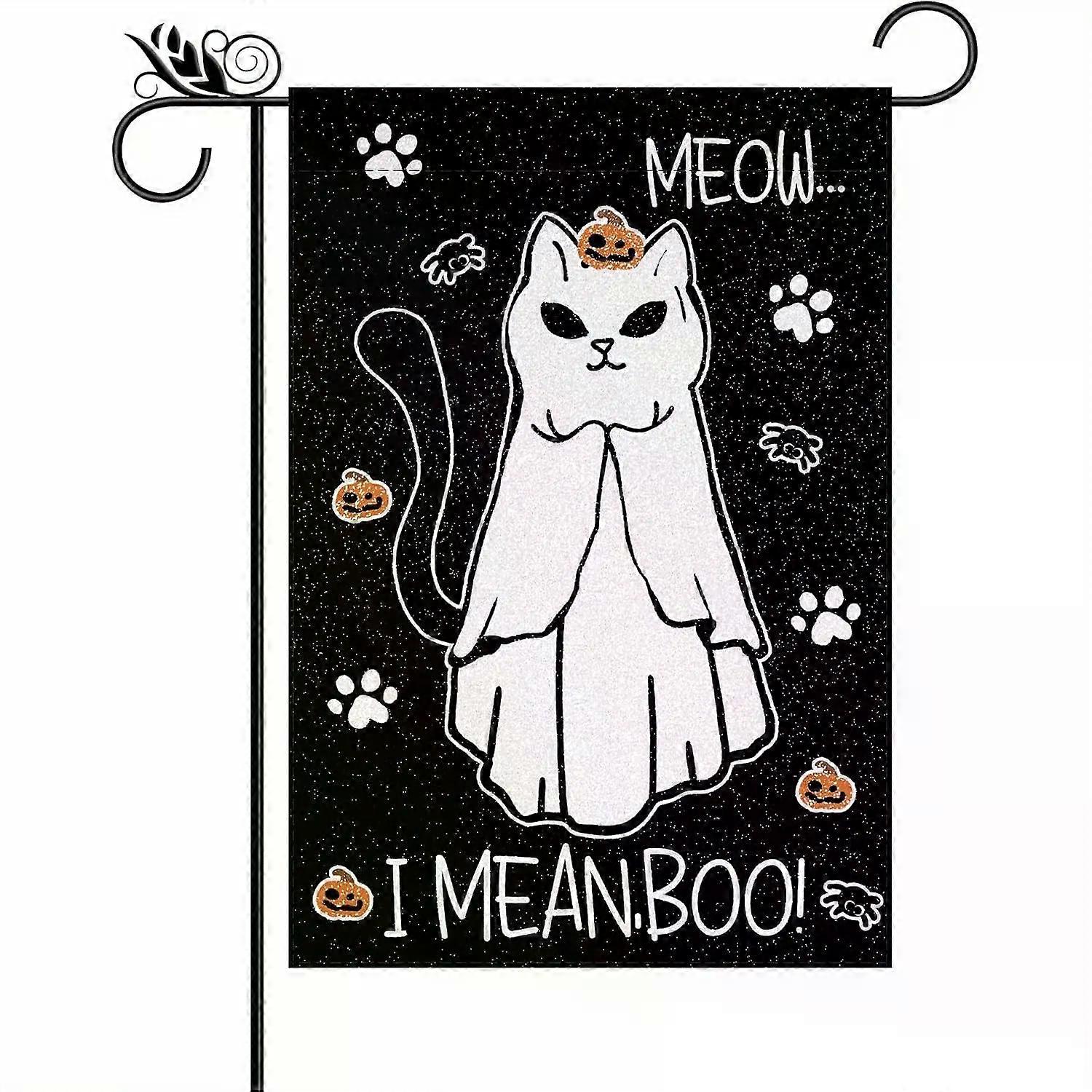 Halloween Garden Flag   Funny cat with MEOW... I MEAN BOO! Text, Double Sided Black Background   Durable Polyester