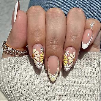 24 Pcs Flower Press on Nails Short Almond Nail Tips, Nude Pink Fake Nails Press ons White French Glue on Nails Acrylic Nail Art Kit Full Cover False