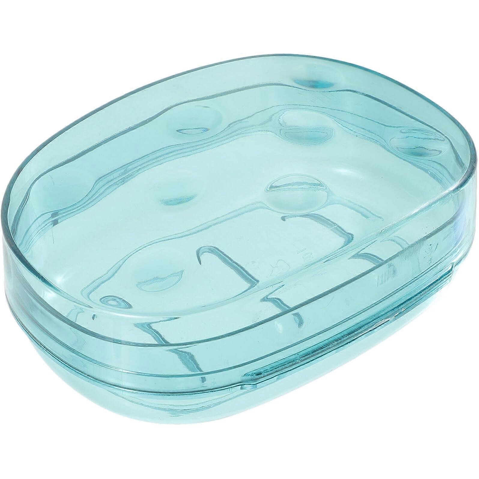 Soap Dish with Lid, SelfDraining Ceramic Holder, Travel Bar Soap Case, Dust Shield, Blue