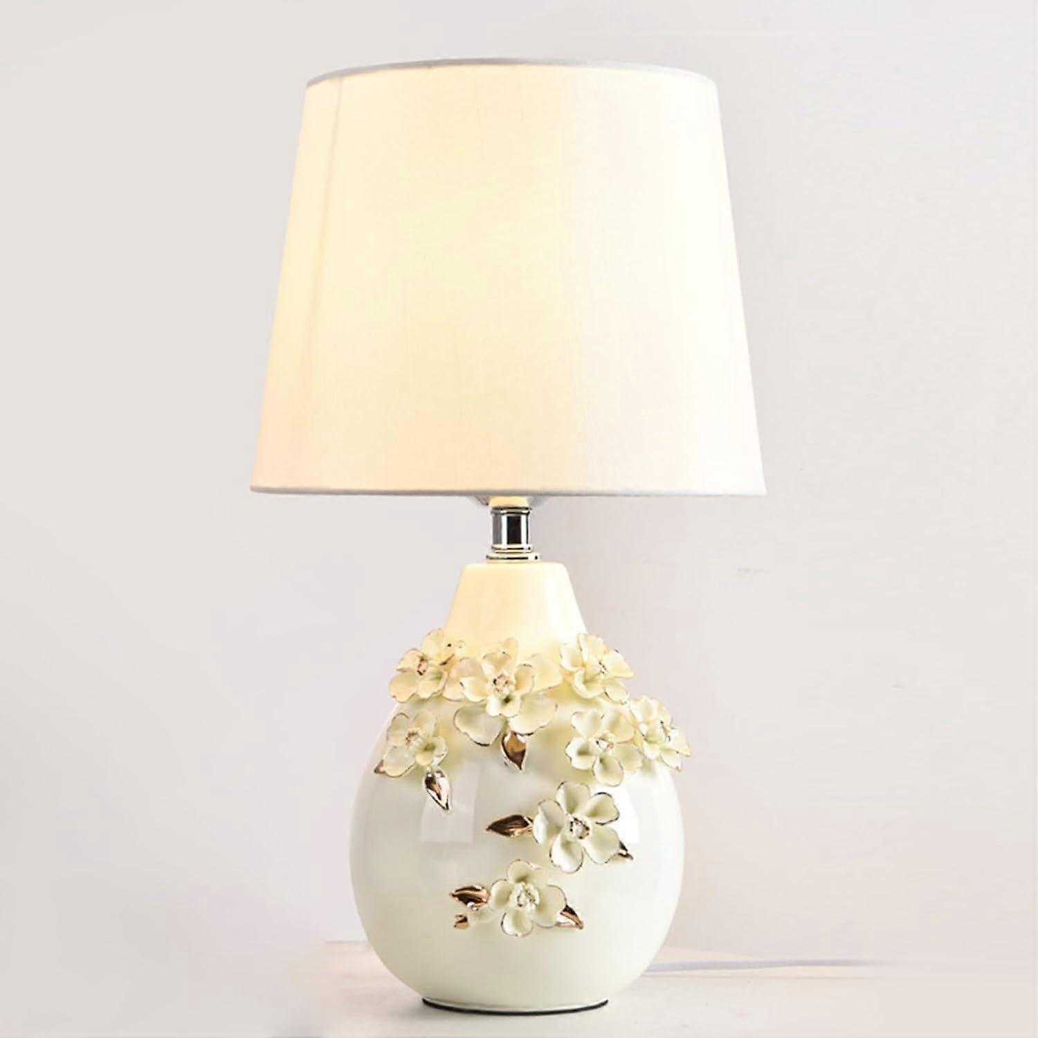 White Ceramic Bedside Table Lamp with Fabric Shade, Elegant Retro Design, Soft Ambient Glow, Bulb Included