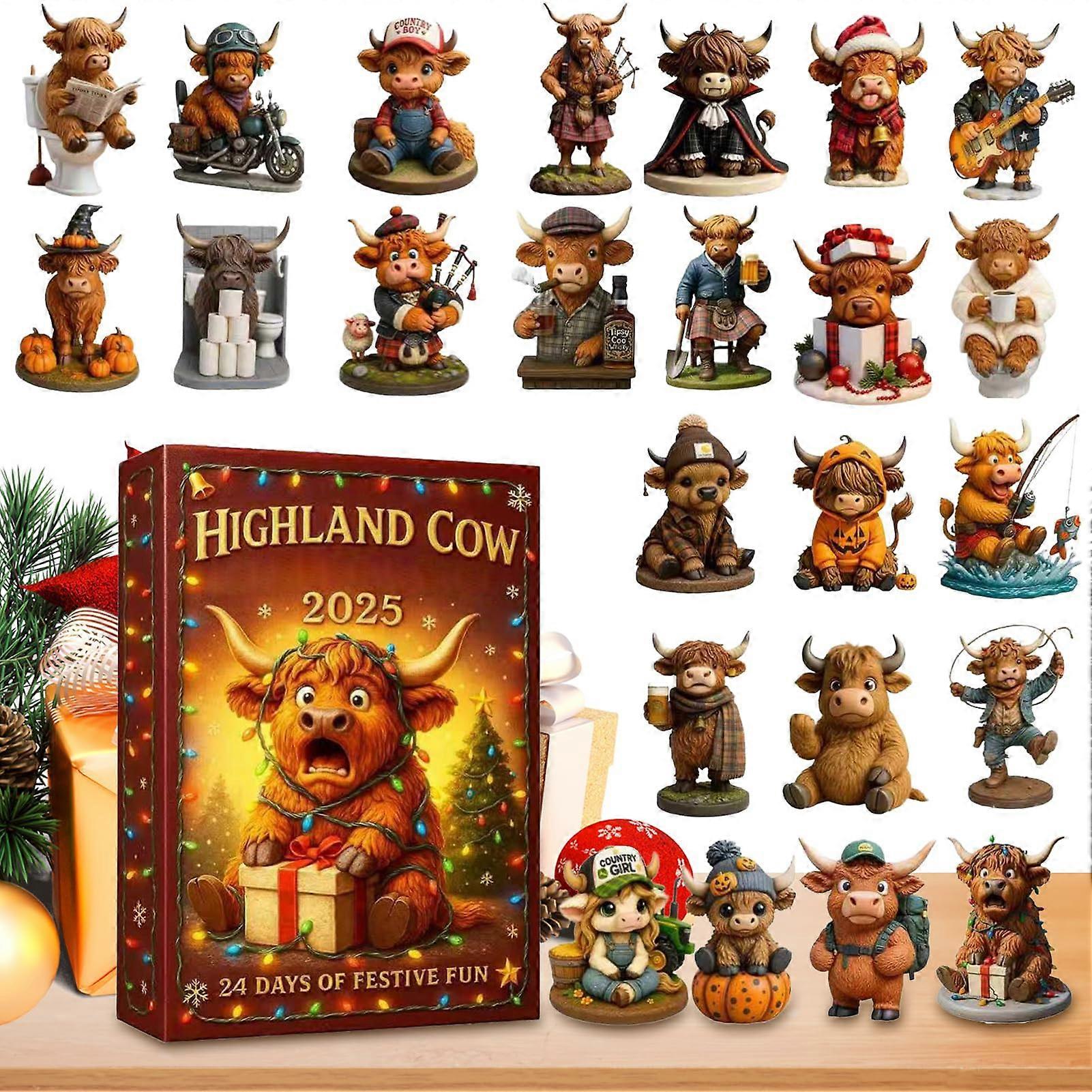 Highland Cow Advent Calendar 2025, 24Day Christmas Countdown with Mini 3D Ornaments for Cow Lovers