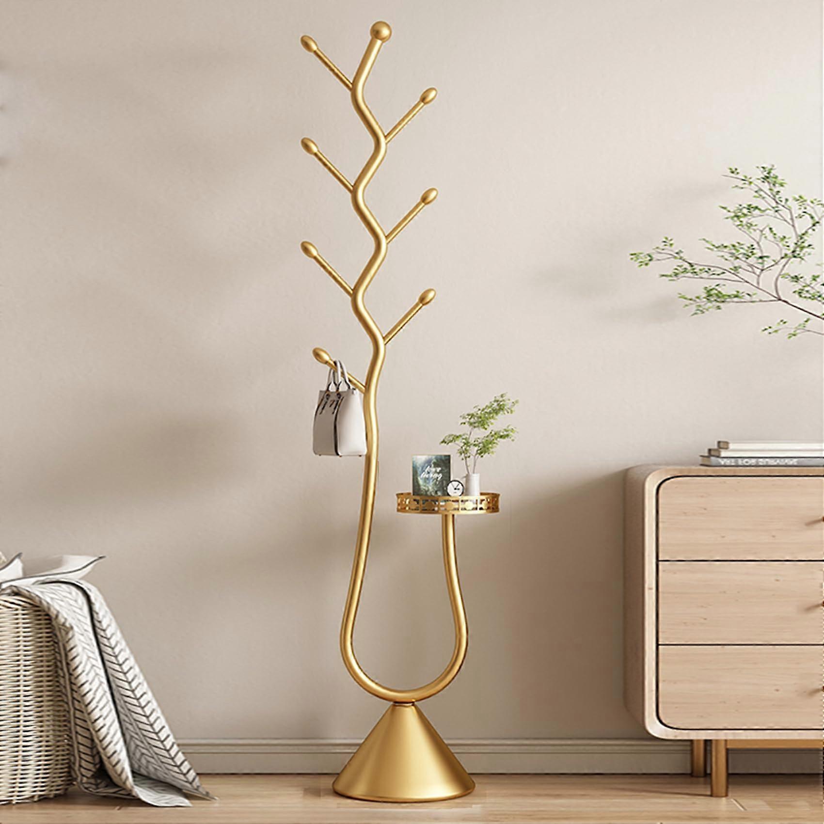 Coat Rack with Storage, Freestanding TreeShaped Design with 8 Hooks, Metal Base for Entryway (Gold)