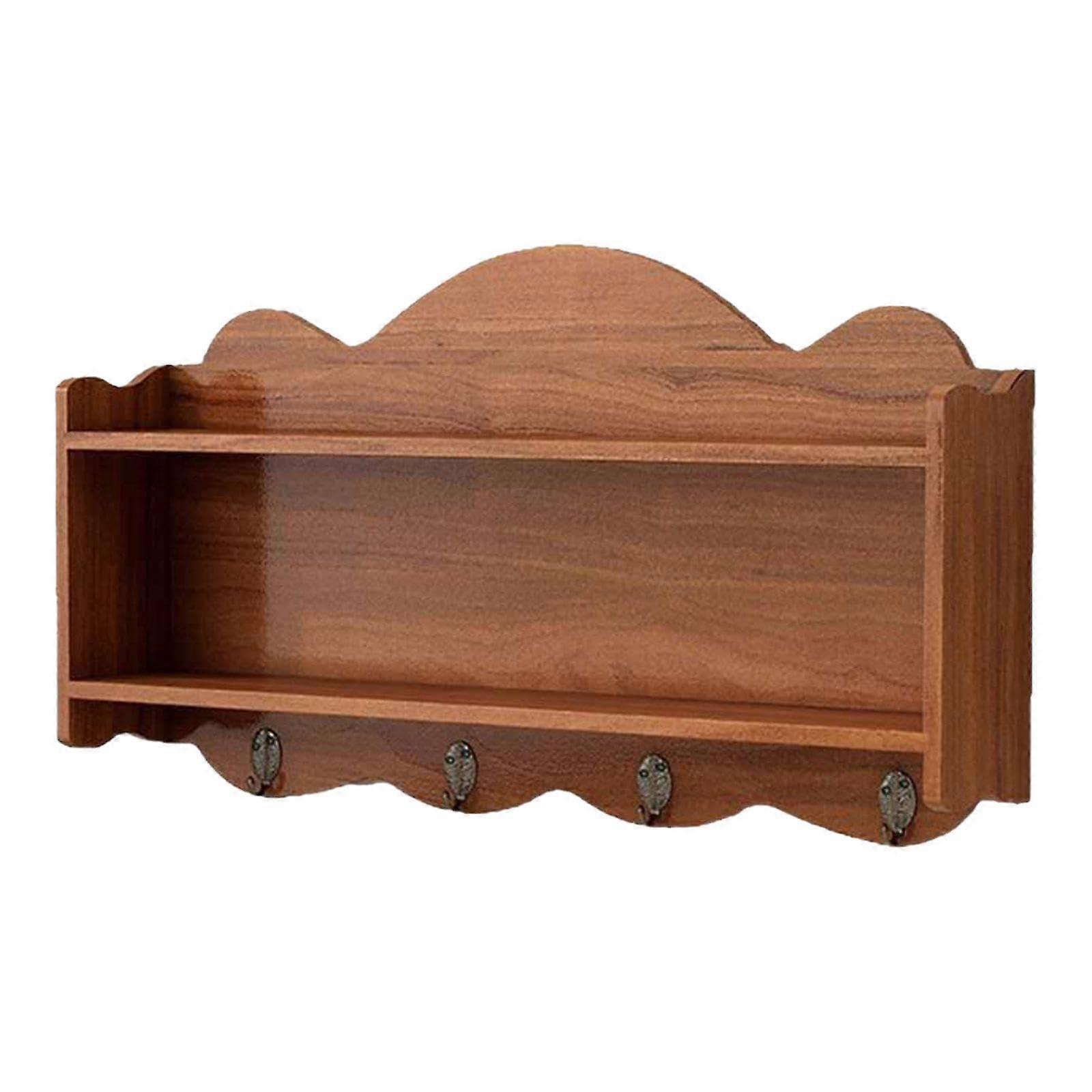 Rustic Wall Mounted Shelf with Hooks, Dual Layer Wooden Storage for Kitchen, Entryway, Brown
