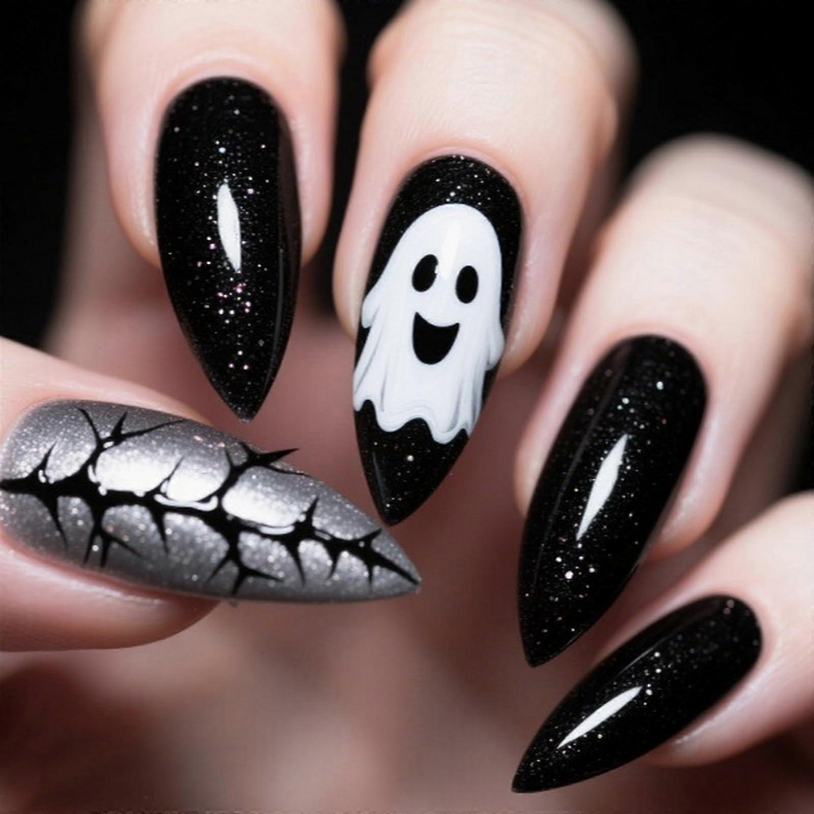 Halloween Press On Nails Black Long Almond False Nails with Ghost Glitter Design 24pcs Reusable Kit