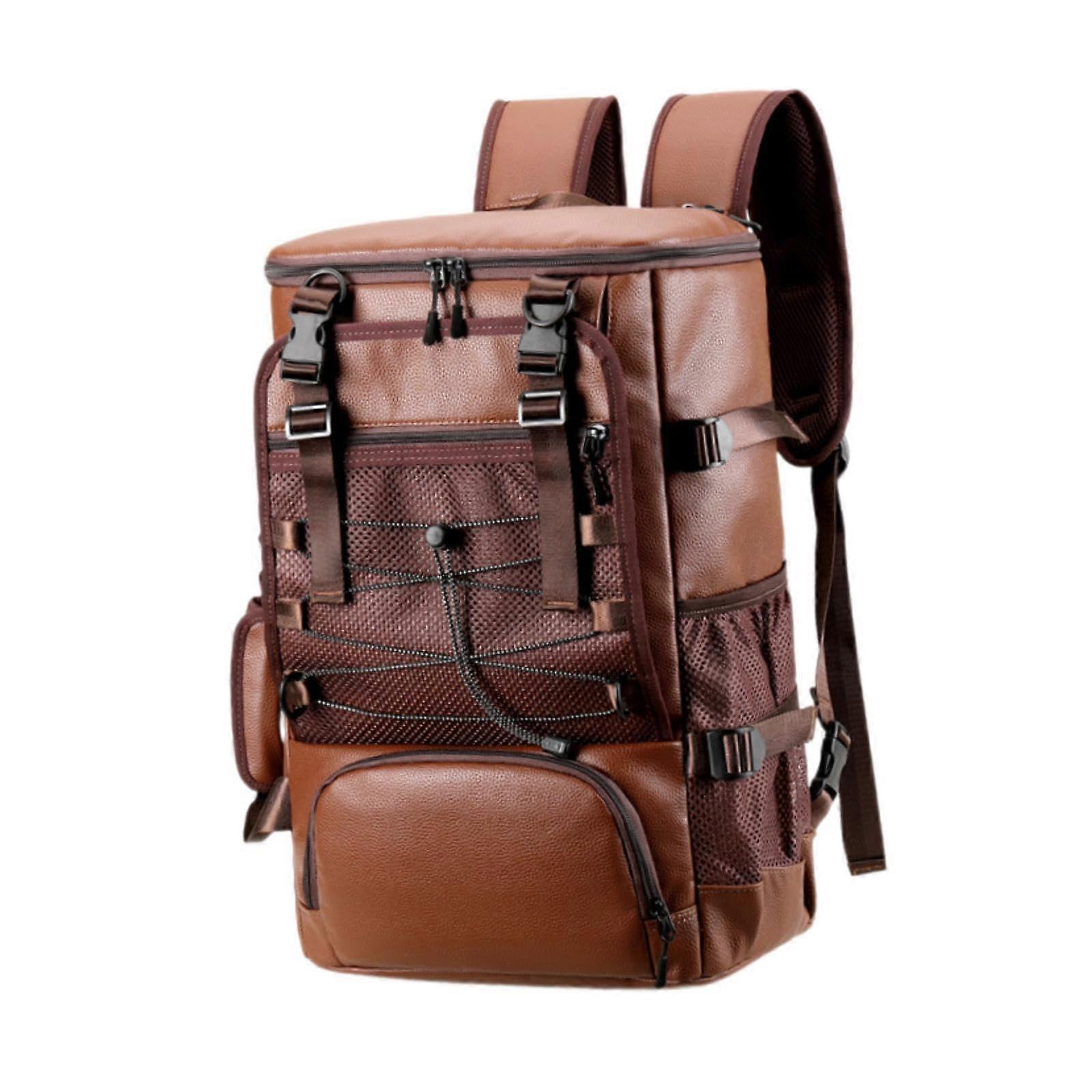 Skateboard Backpack Laptop Bag PU Leather with Adjustable Straps and Multiple Pockets Brown