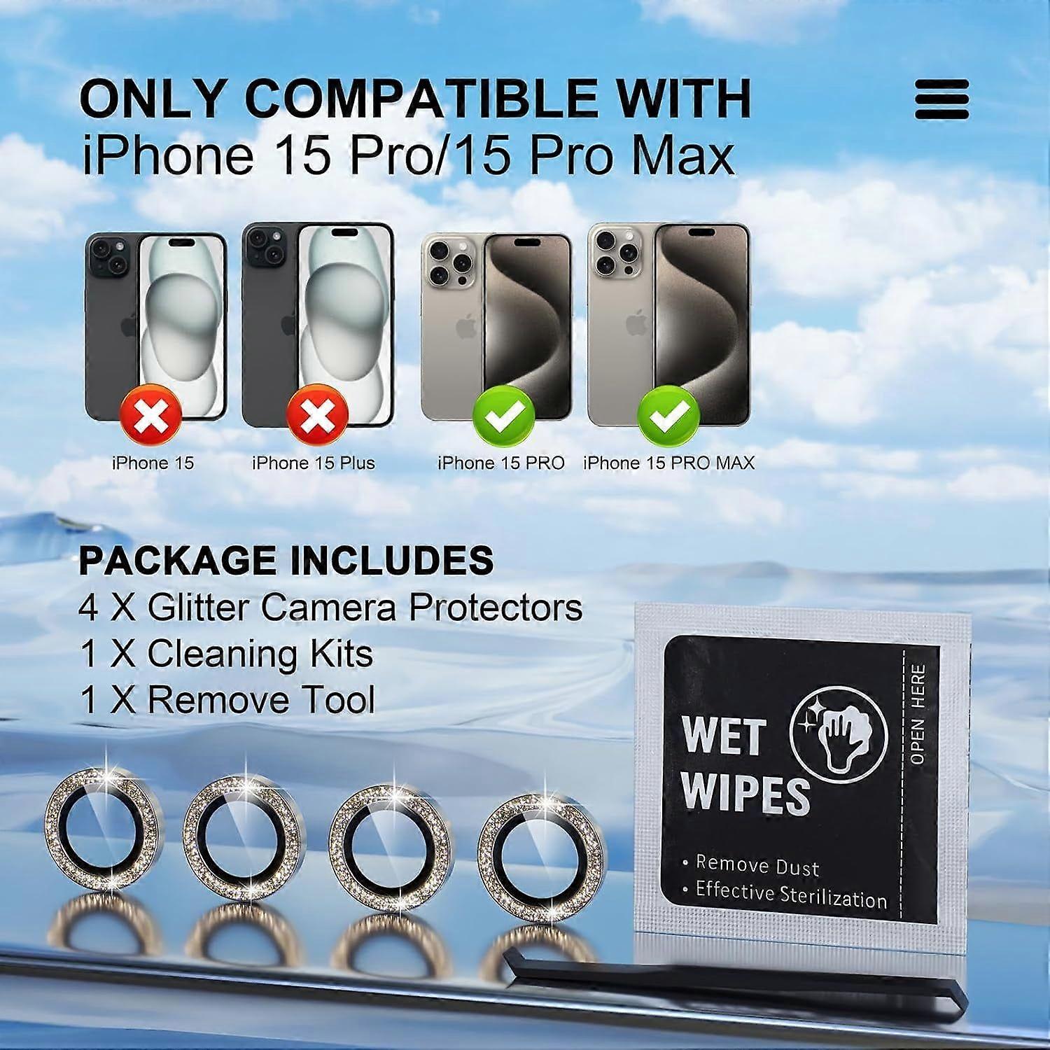 Compatible for iPhone 15 Pro/iPhone 15 Pro Max Camera Lens Protector Bling, 9H