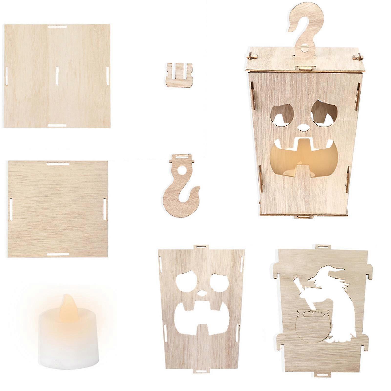 Wooden Halloween Lantern Rustic Decor with Hooks for Tabletop or Spooky Party Display