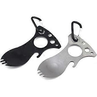 Multi-function Outdoor Camping Fork Spoon Hex Bottle Opener Carabiner Camping Picnic Tableware Sporkblack, Silver2pcs