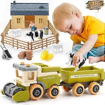 Farm Toys Play Vehicles Playset, DIY Take-Apart Truck, Trailer, Farm Animals, Horse, Lamb Figurines, Screwdriver - STEM Educational Learning Tractor T