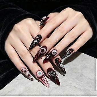 Amandelvormige kunstnagels, draagbare Halloween-oogbal-design met plakstrips, verwijderbare ondersteuning en een trendy herfstfeestlook.