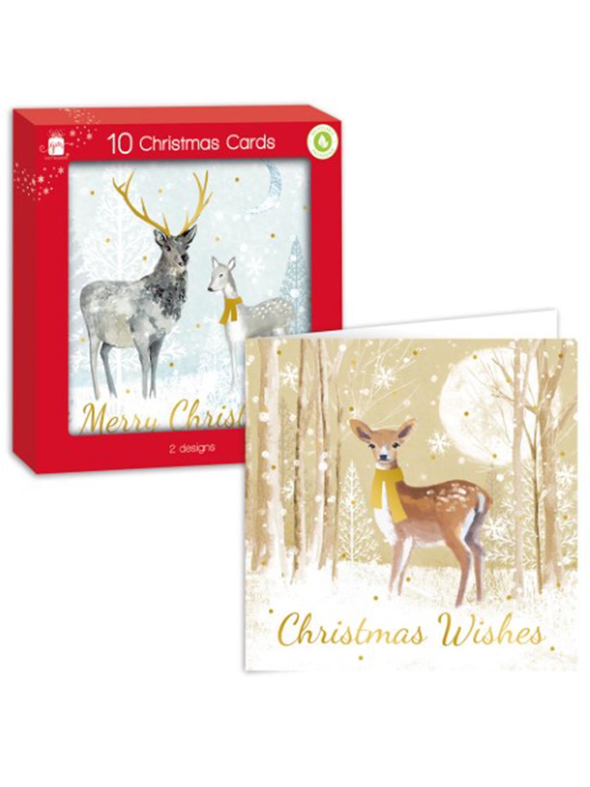 Giftmaker Pack 10 Square Christmas Cards 2 Watercolour Deer Designs